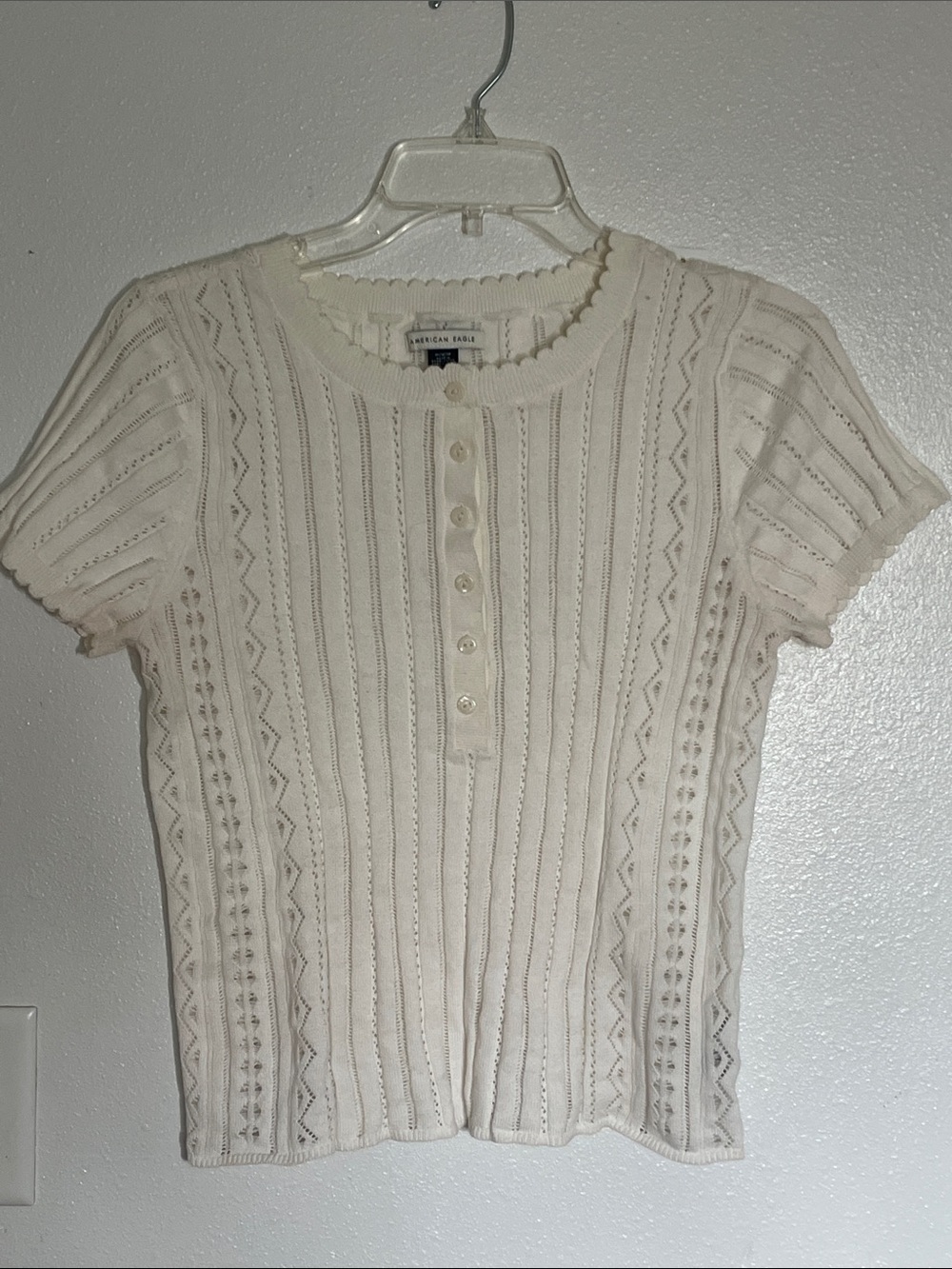 American Eagle Outfitters Cream Button-Front Short Sleeve Knit Top